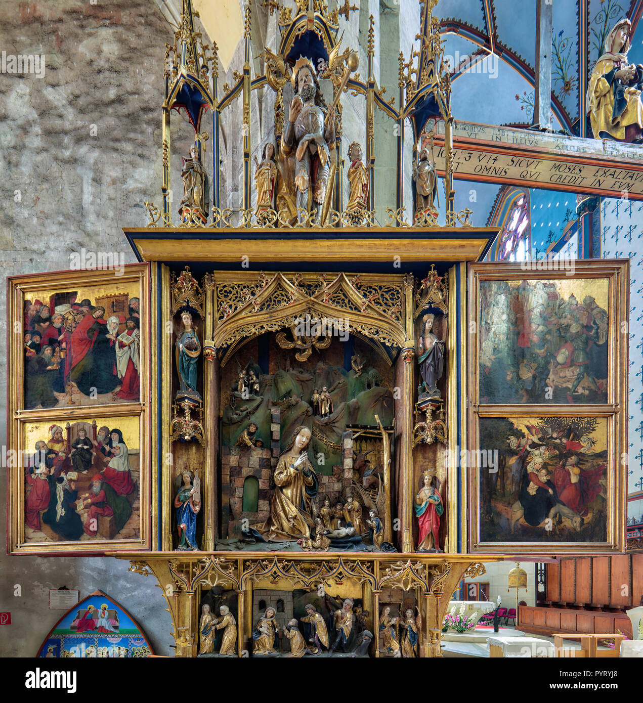 Altar of Nativity in Basilica of St. Egidius in Bardejov, Slovakia Stock Photo