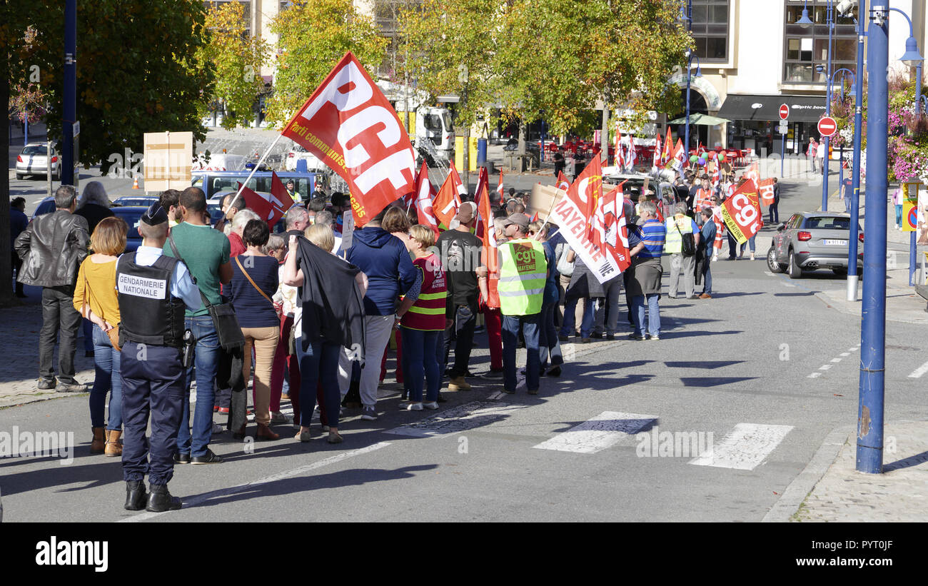 Demonstration of employees for the defense of public health services, October 9, 2018, Mayenne city (Mayenne department, Pays de la Loire, Fr). Stock Photo