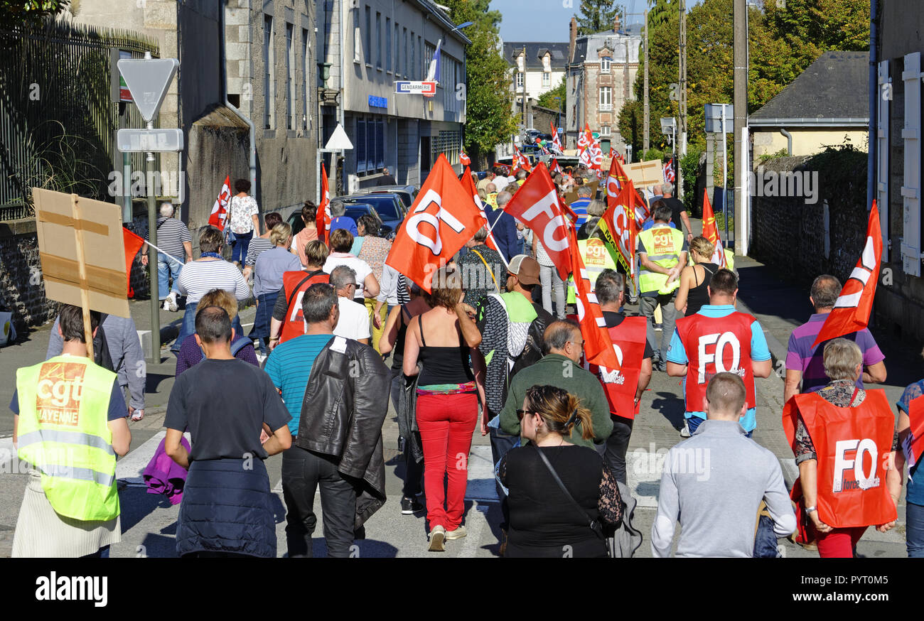 Demonstration of employees for the defense of public health services, October 9, 2018, Mayenne city (Mayenne department, Pays de la Loire, Fr). Stock Photo