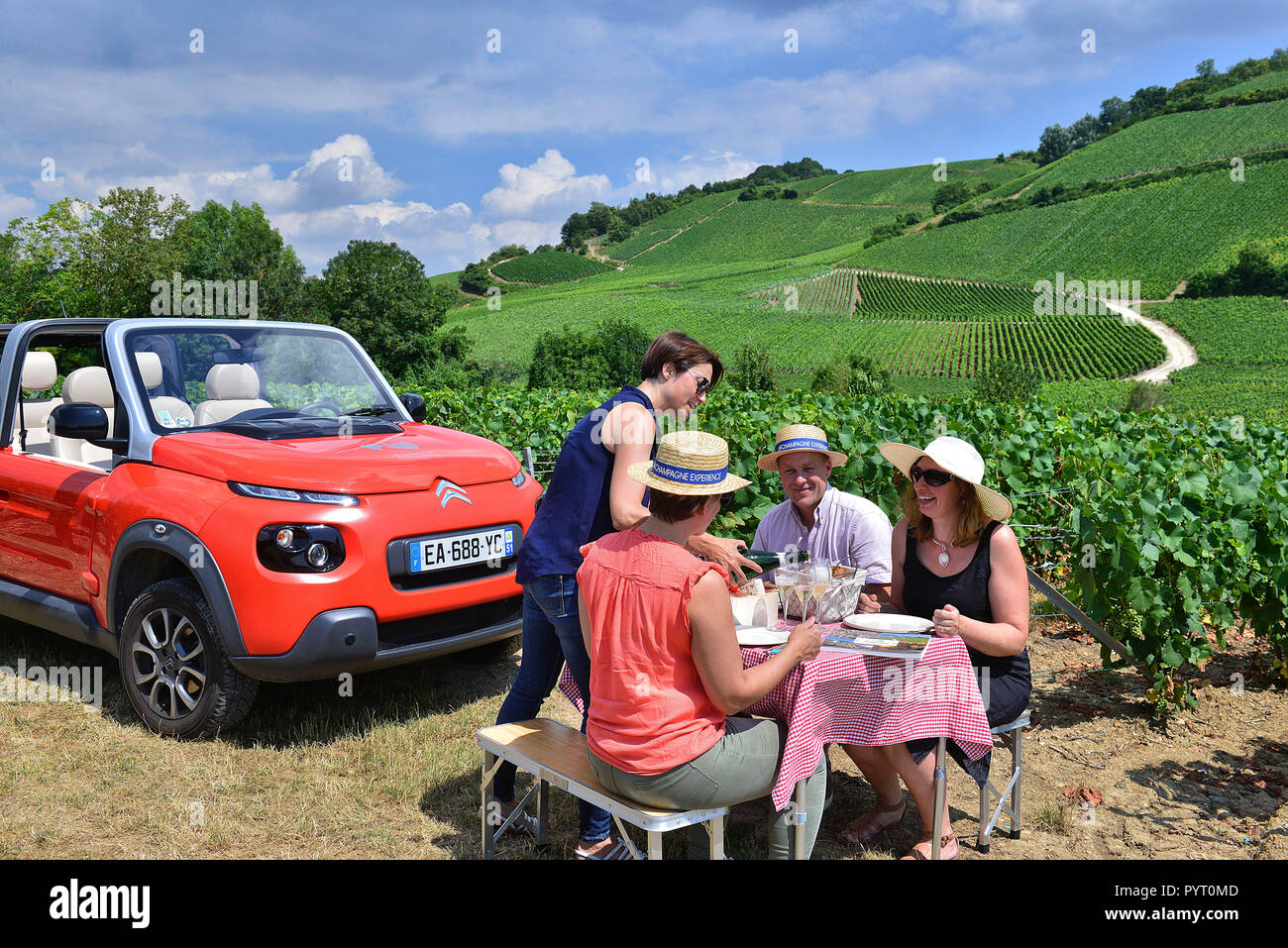Aÿ-Champagne (northern France). 2018/07/24. “Ay Champagne experience', private guided tours through the Champagne vineyards in E-Mehari electric car.  Stock Photo