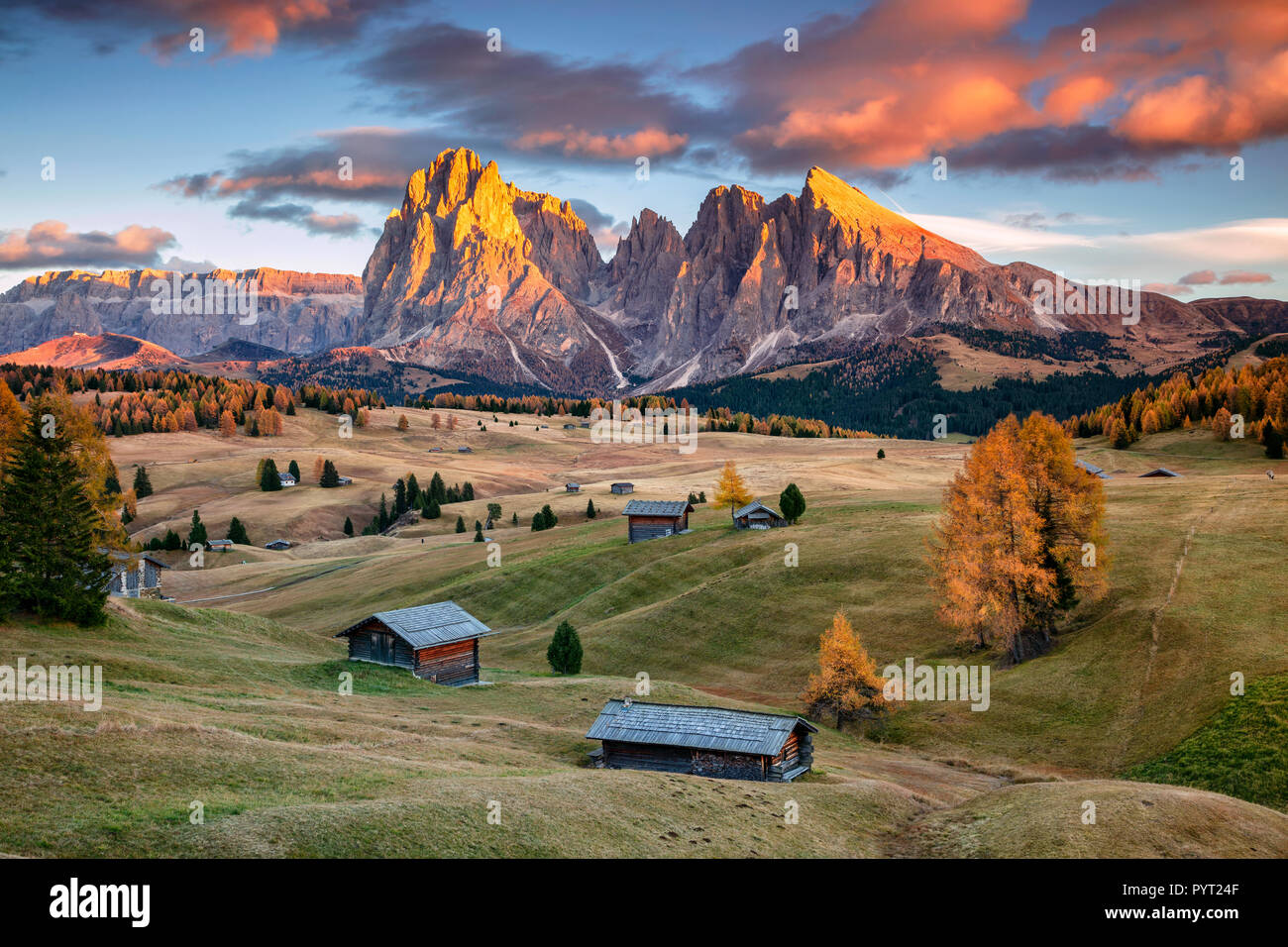 Dolomites. Landscape image of Seiser Alm a Dolomite plateau and the largest high-altitude Alpine meadow in Europe. Stock Photo