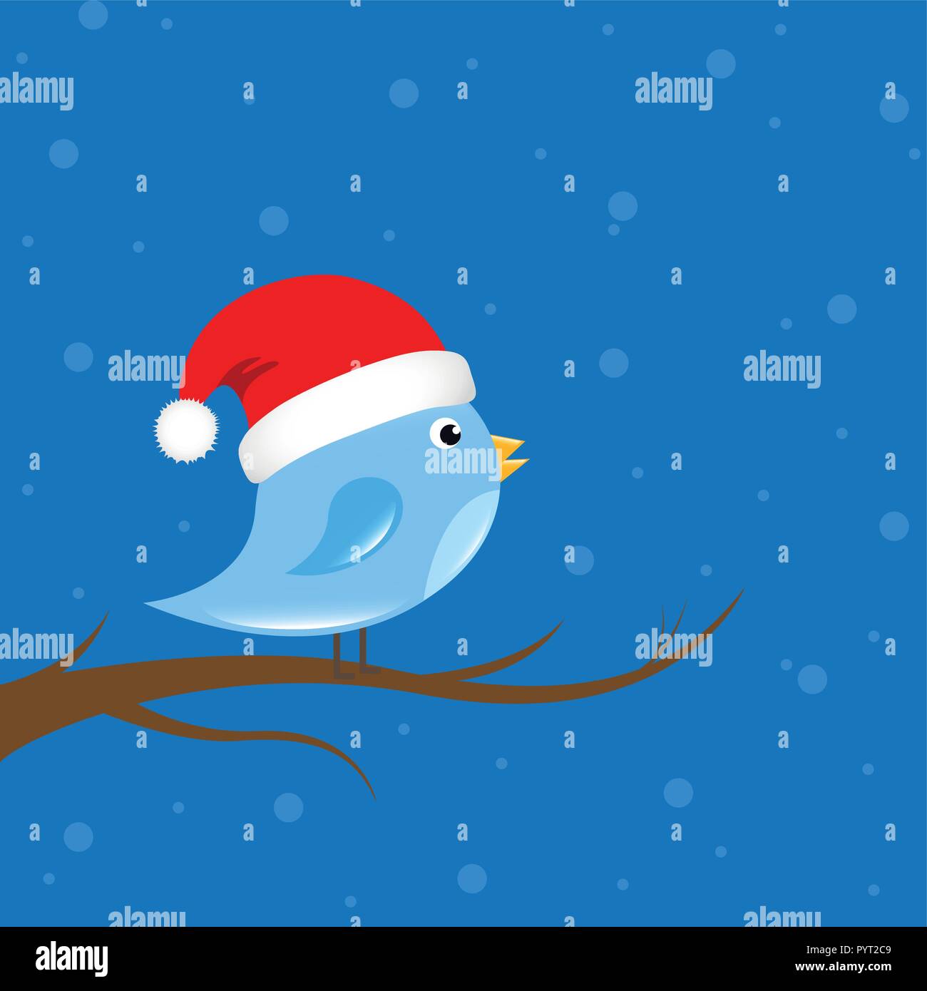 little bird with santa cap is sitting on a branch vector illustration EPS10 Stock Vector
