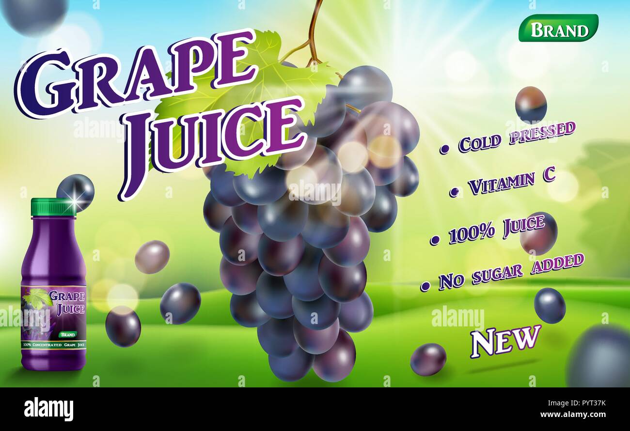 Grape juice bottle with sunny bokeh background. Juice container package ad . 3d realistic ripe grape Vector illustration for your design Stock Vector