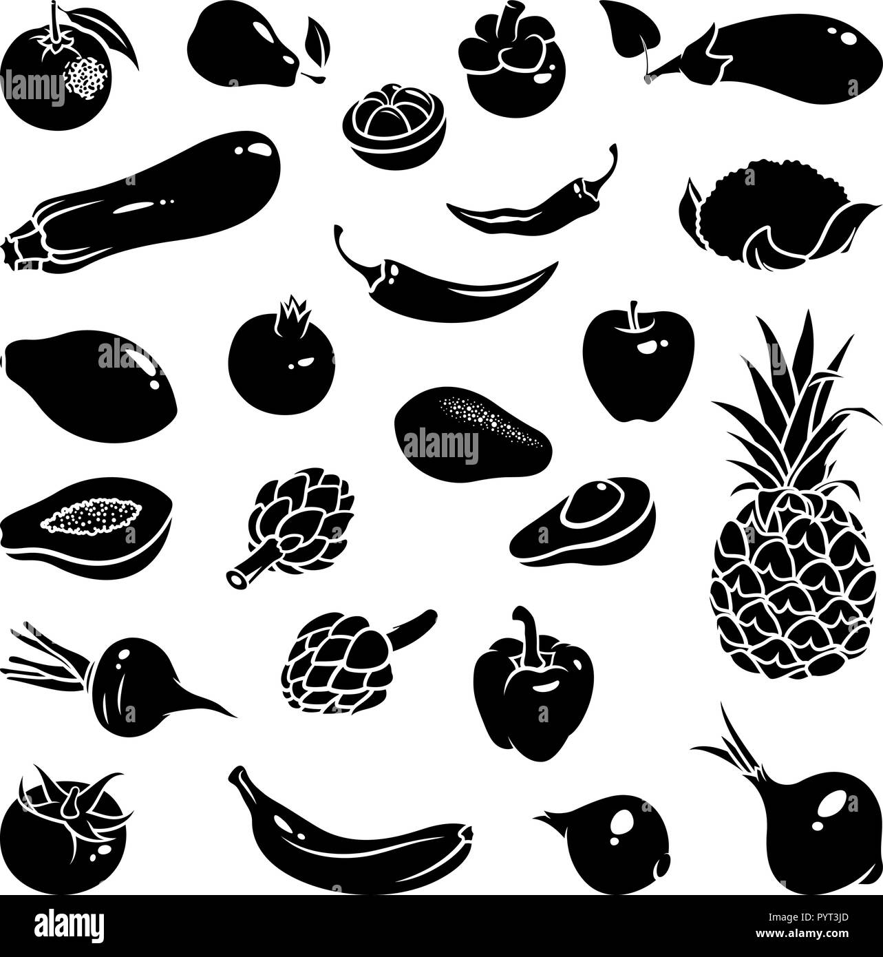 Icons of fruits and vegetables: mangosteen, pepper, chili, pear, banana, avocado, orange, pomegranate, zucchini, papaya, artichoke, apple, pineapple,  Stock Vector