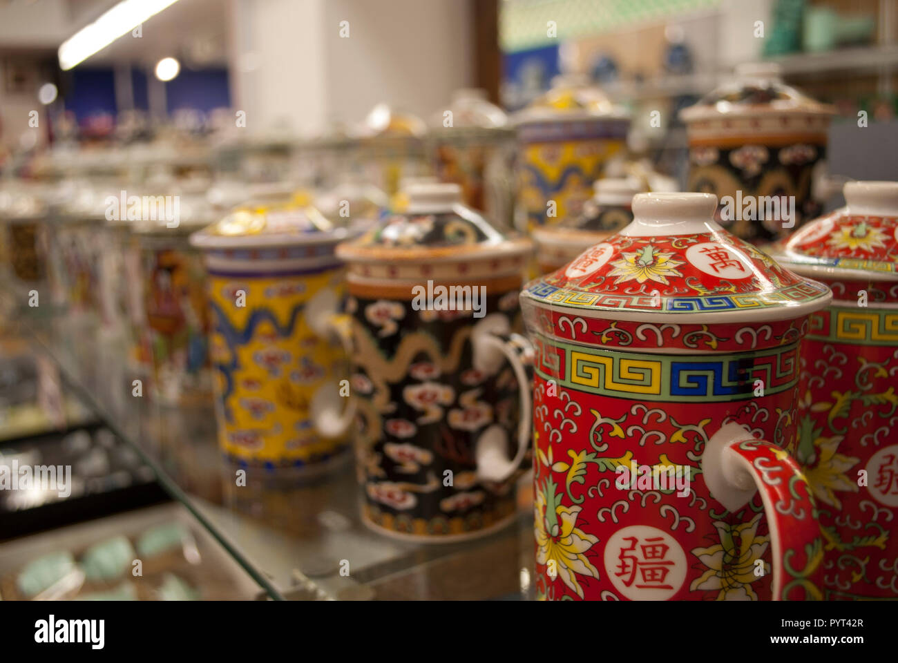 A bunch of Chinese porcelain close up. Shopping in China town Stock Photo