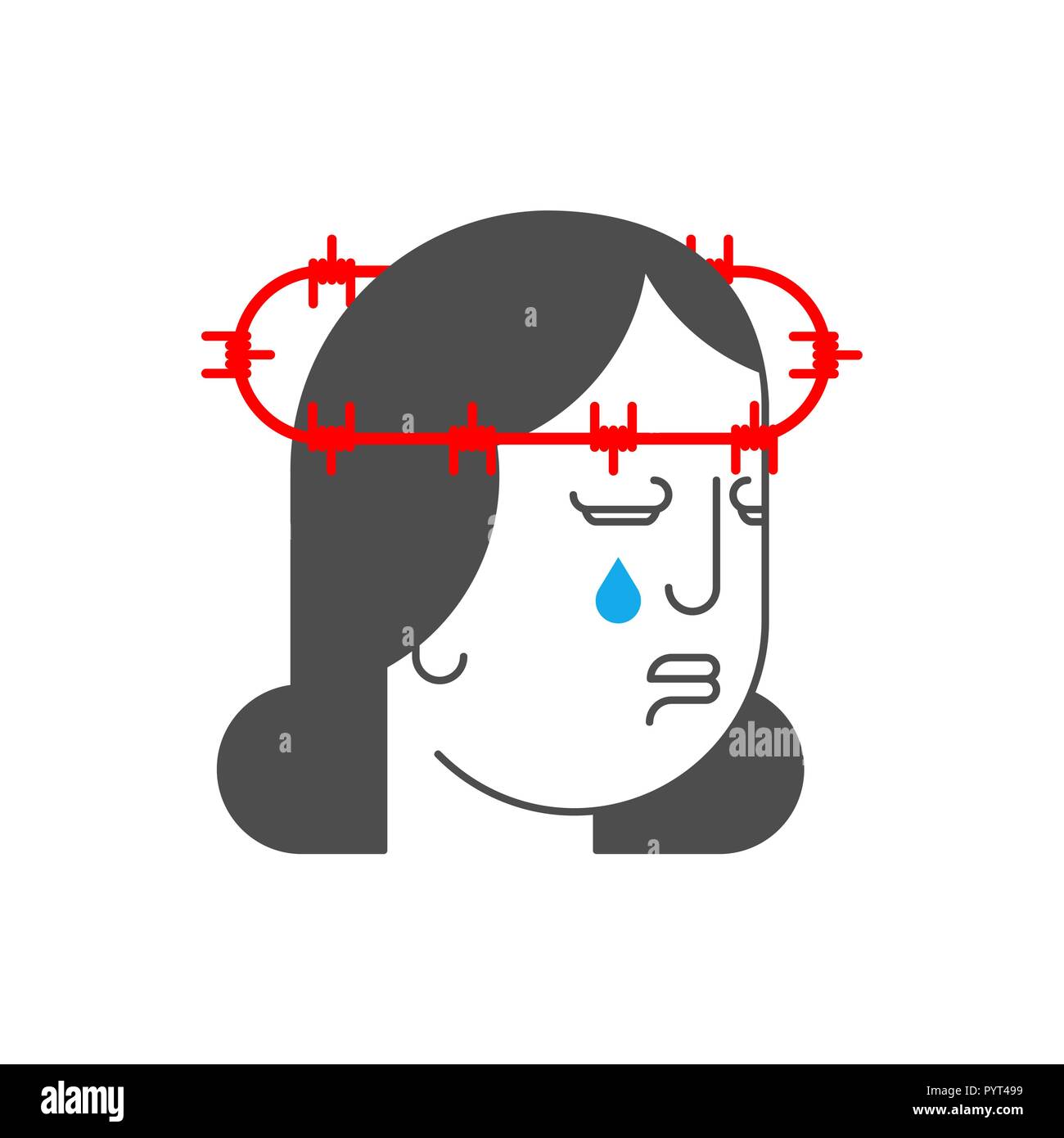 Martyr woman cries. Barbed wire on head. Pain and suffering. Tears from eyes. Stock Vector