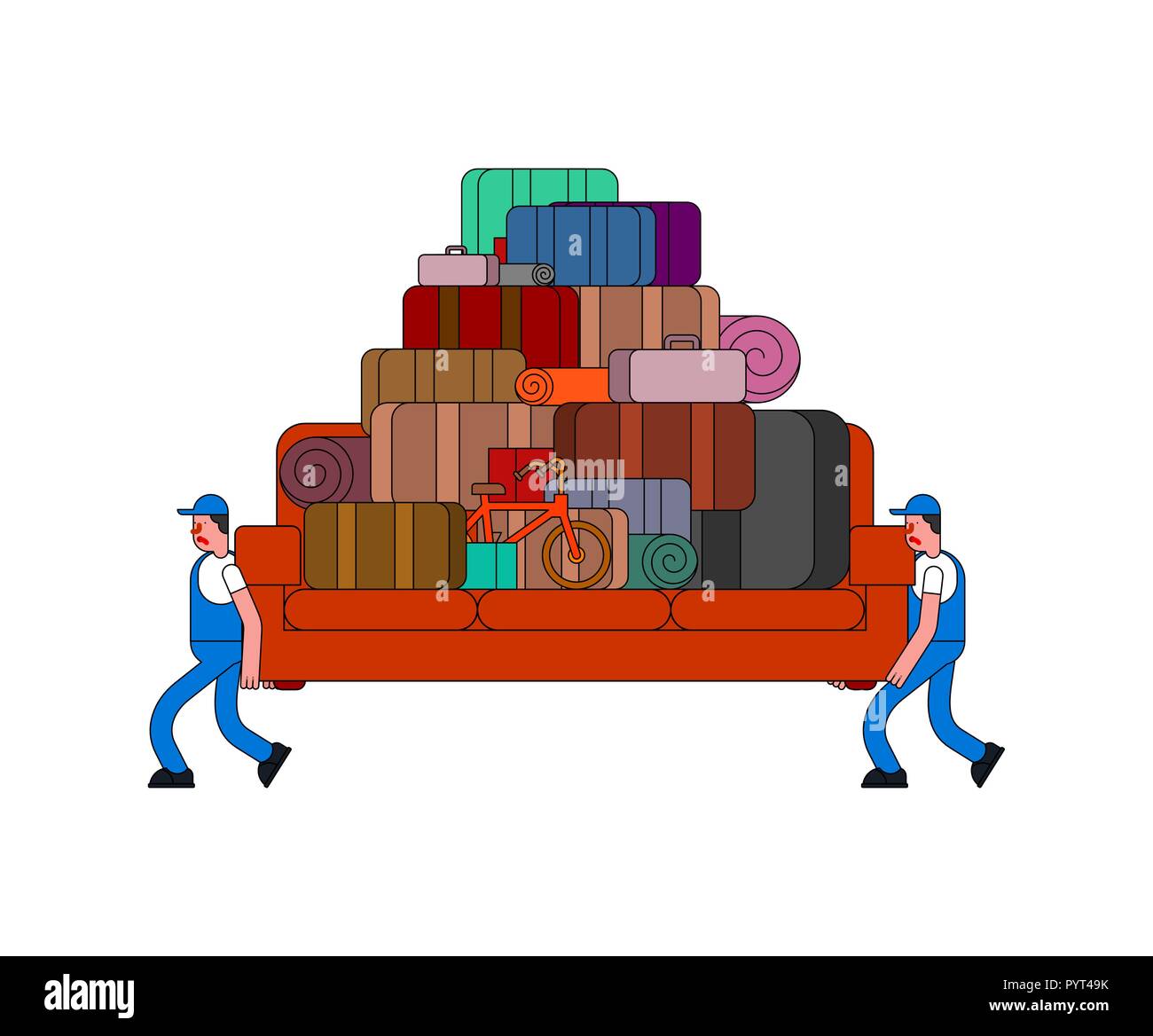 Movers and sofa and Many box. Porters carry couch and boxes. Delivery