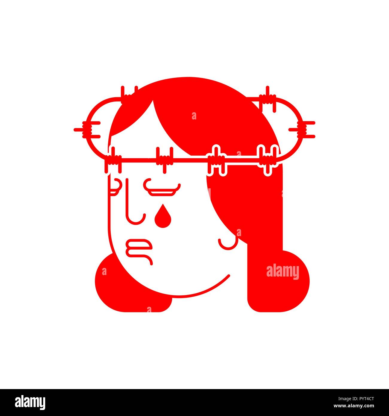 Martyr woman cries. Barbed wire on head. Pain and suffering. Tears from eyes. Stock Vector