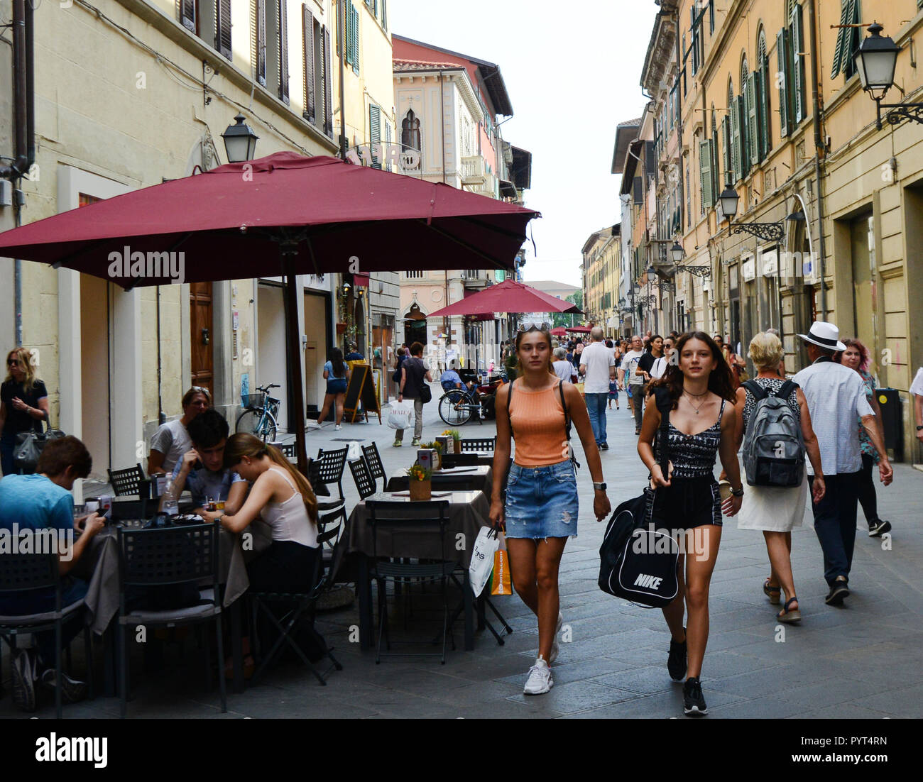 The Vibrant Corso Italia pedestrian street in Pisa, Italy. Stock Photo