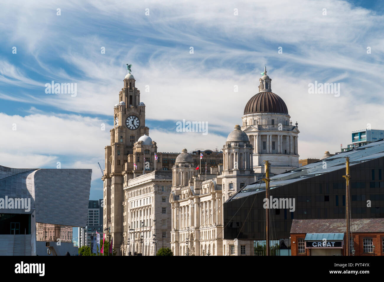 The Three Graces - The Port of Liverpool Building, Cunard Building and Royal Liver Buidling, on Pier Head near the River Mersey of Liverpool, England Stock Photo