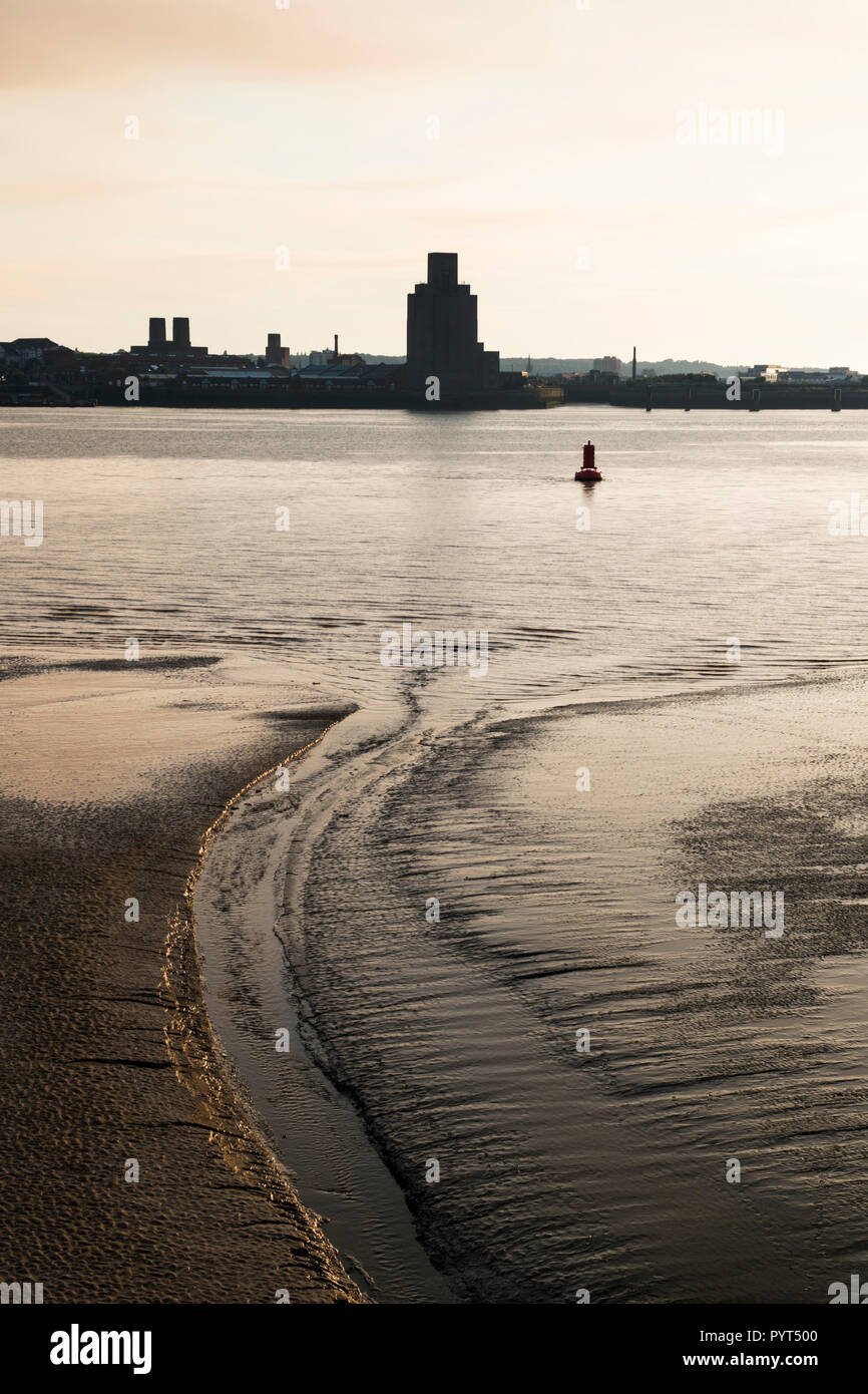 River Mersey mud flats, looking across to Birkenhead on the far side, Liverpool, England Stock Photo