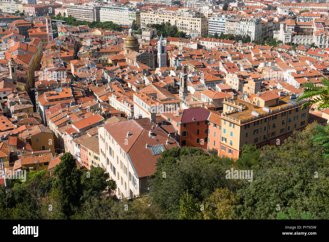 The old town of Nice in France with the Cathedral Dome in the centre, viewed from the Colline du Chateau Stock Photo