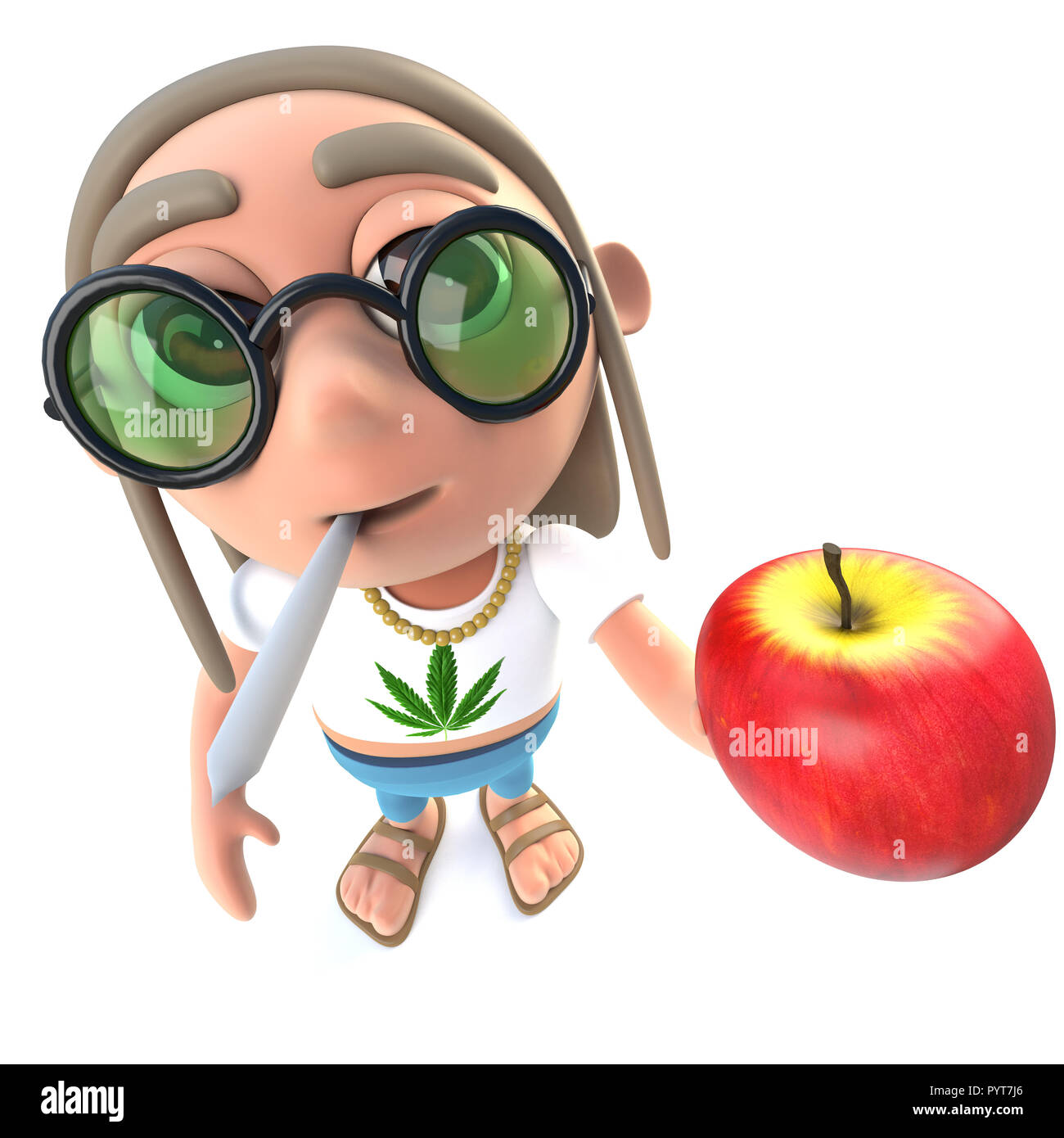 3drender of a funny cartoon stoner hippy character holding a juicy red apple and smoking Stock Photo