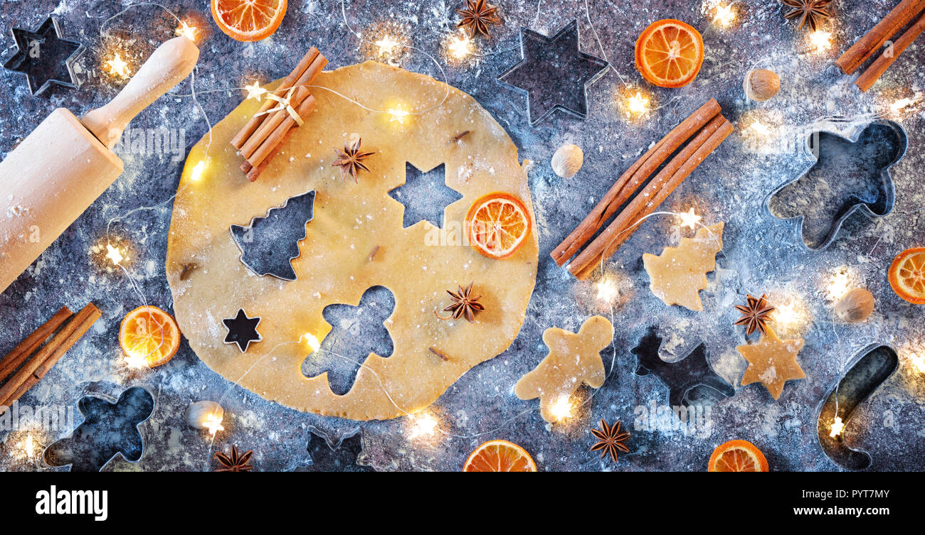 Gingerbread Preparation With Spice In Flat Lay Composition - Christmas Cookies Stock Photo