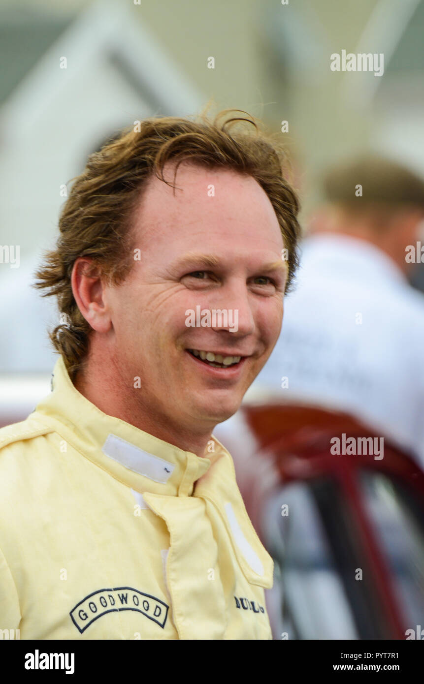 Christian Horner, Red Bull Formula 1 racing team principal. Ready to race a  classic car at the Goodwood Revival in race overalls, racing overalls Stock  Photo - Alamy