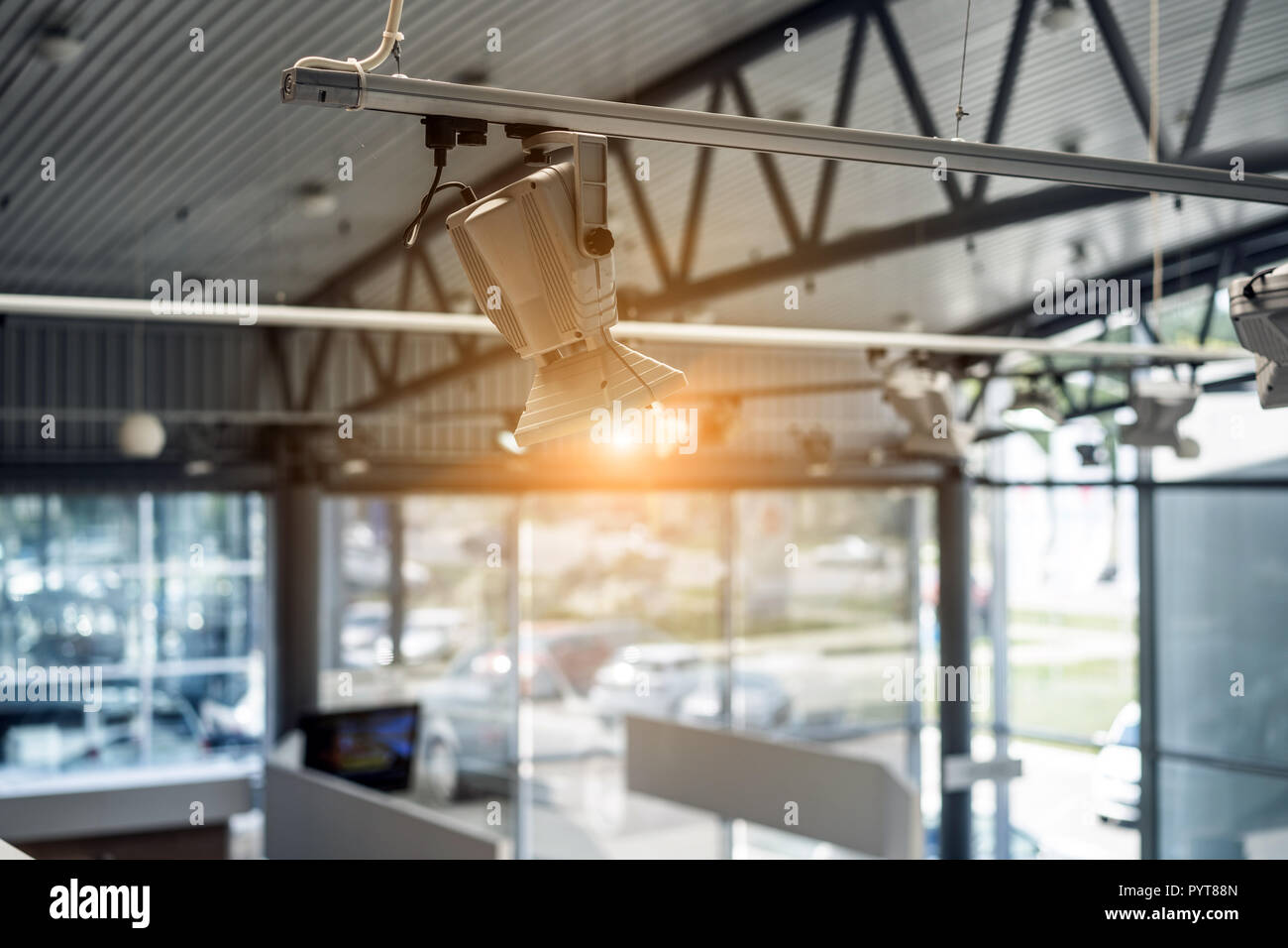 Spotlight Hang From The Ceiling In The Exhibition Hall Stock Photo