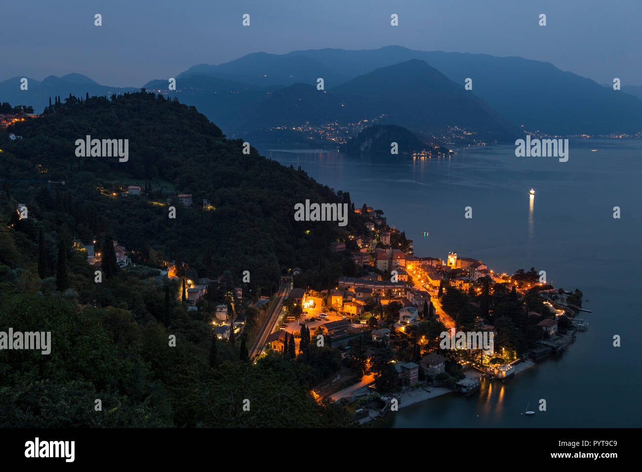 The town of Varenna at dusk on Lake Como in northern Italy Stock Photo