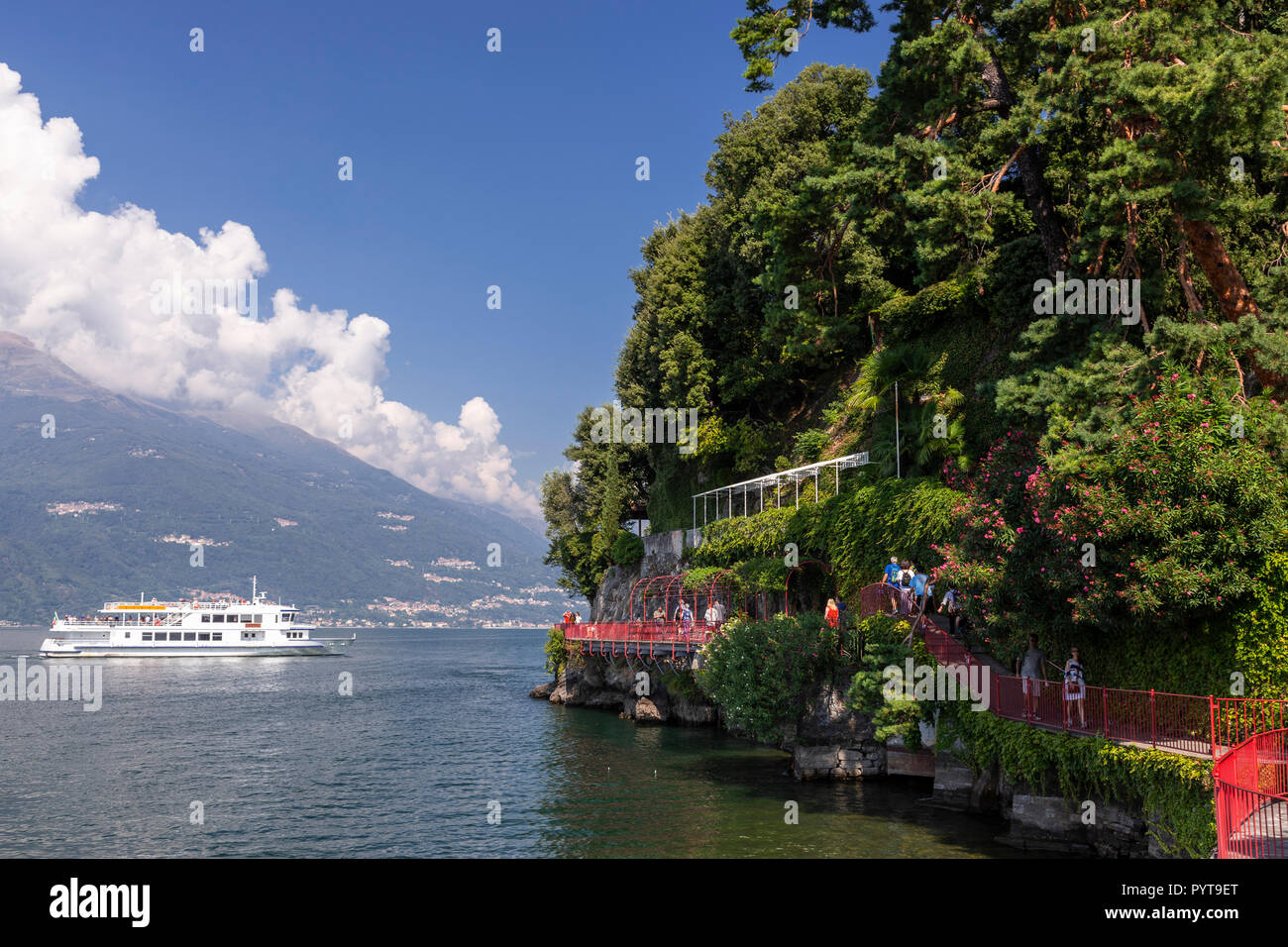 Ferry approaching the harbour at Varenna on Lake Como, Italy Stock