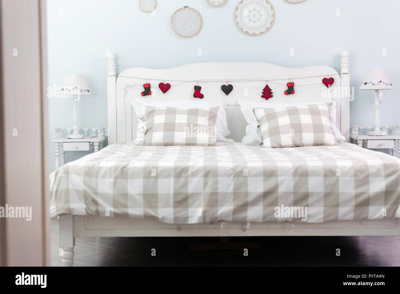 Picture of comfortable double bed in bedroom Stock Photo Alamy
