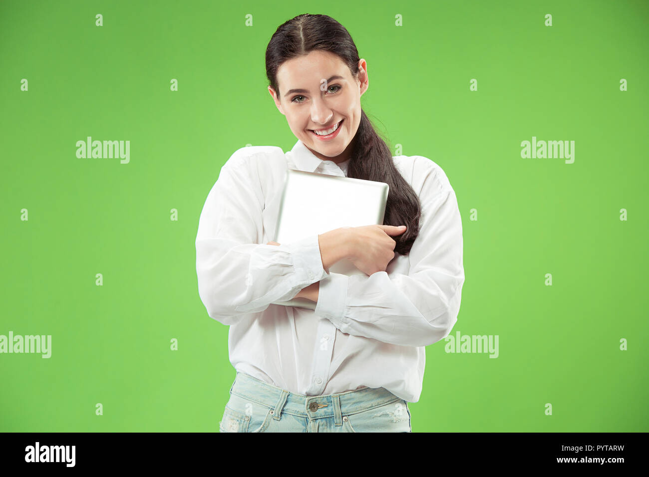 Businesswoman hugging laptop. Love to computer concept. Attractive ...