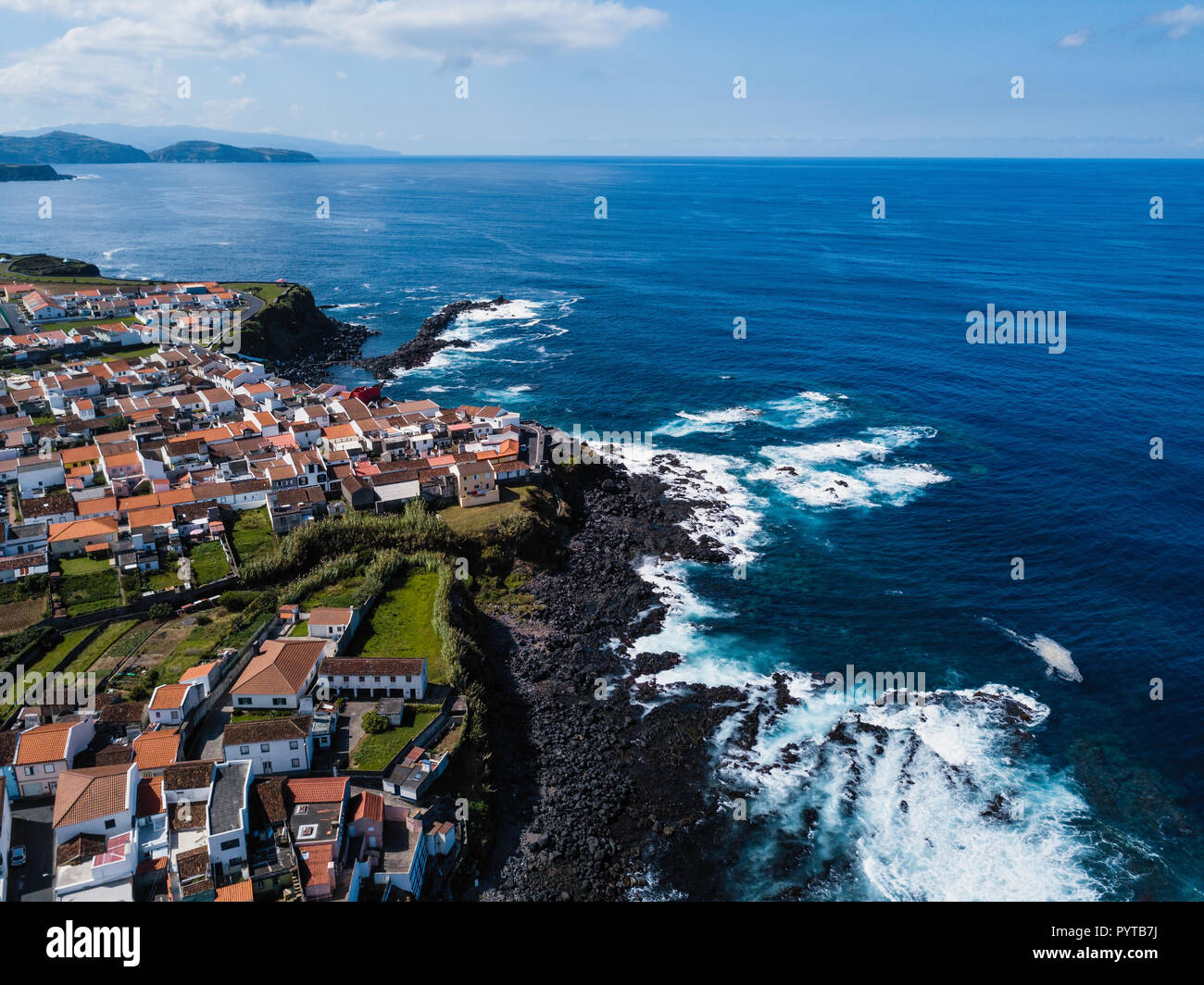 Aerial view of the ocean surf on the reefs coast of San Miguel island ...