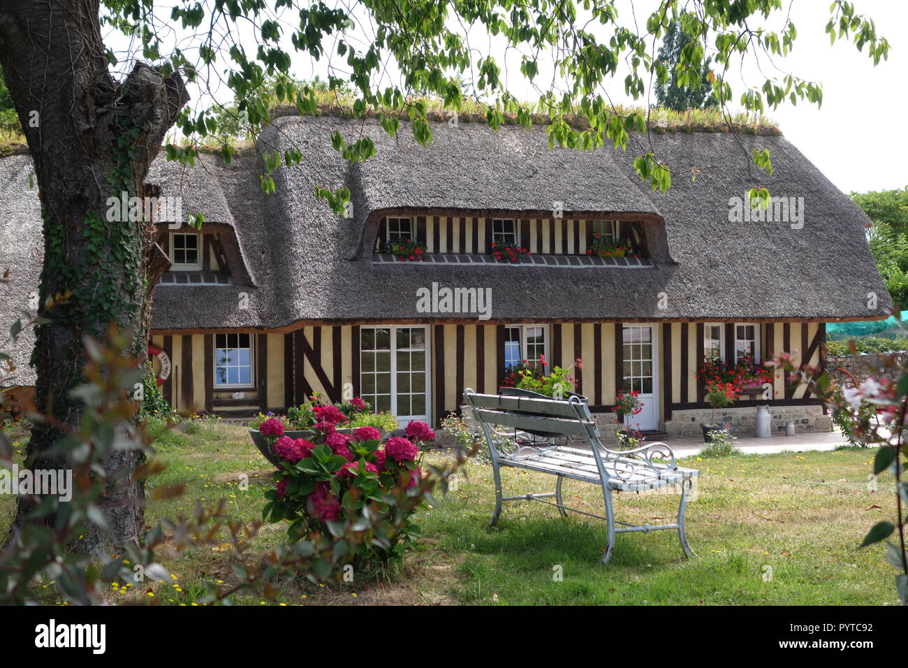 charming thatched cottage near Honfleur, Normandy France Stock Photo