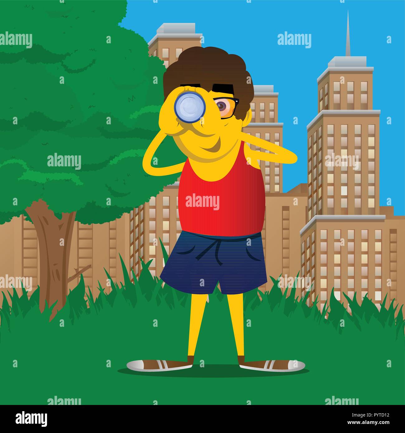 Yellow man holding binoculars in his hands. Vector cartoon illustration