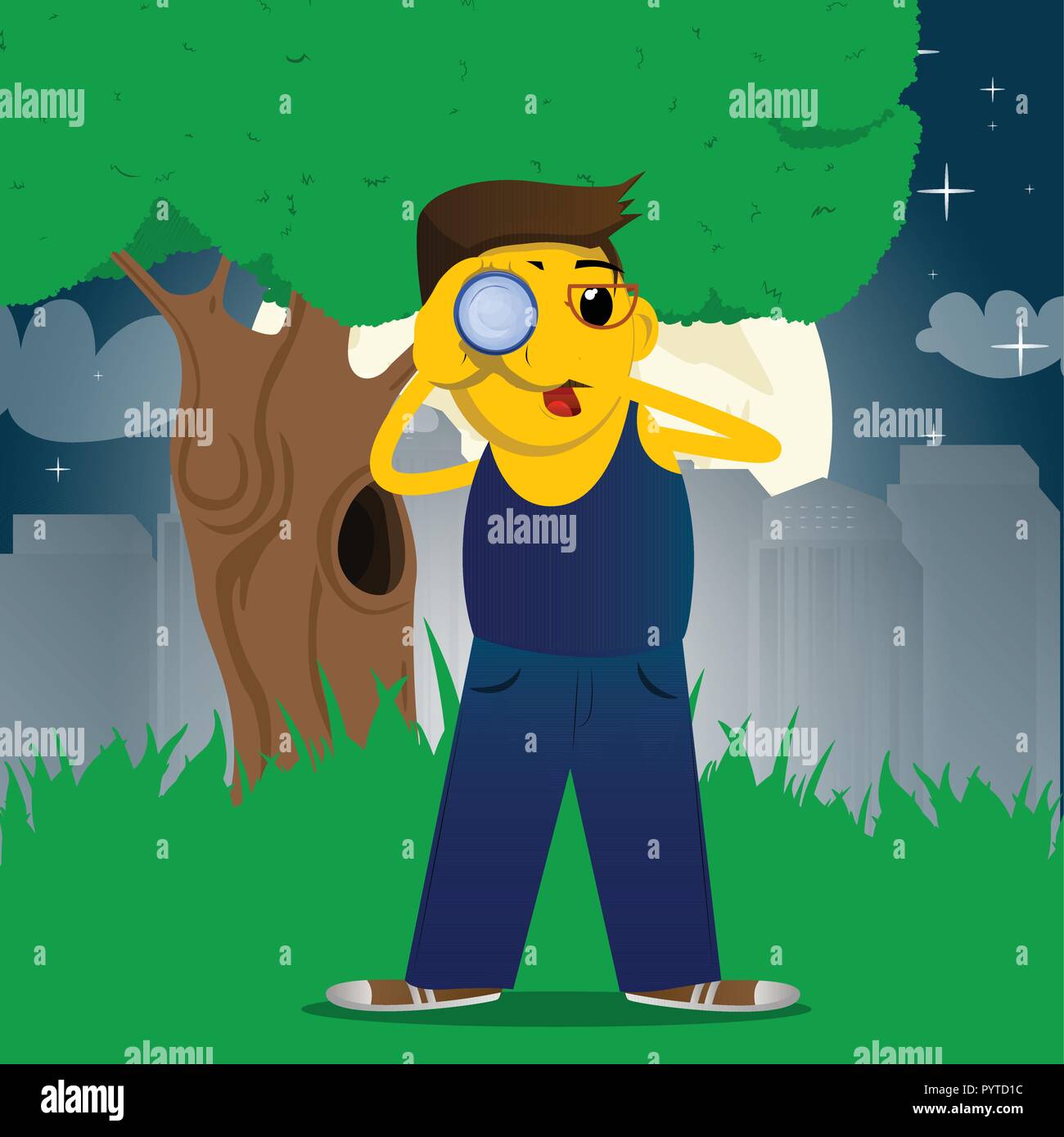 Yellow man holding binoculars in his hands. Vector cartoon illustration