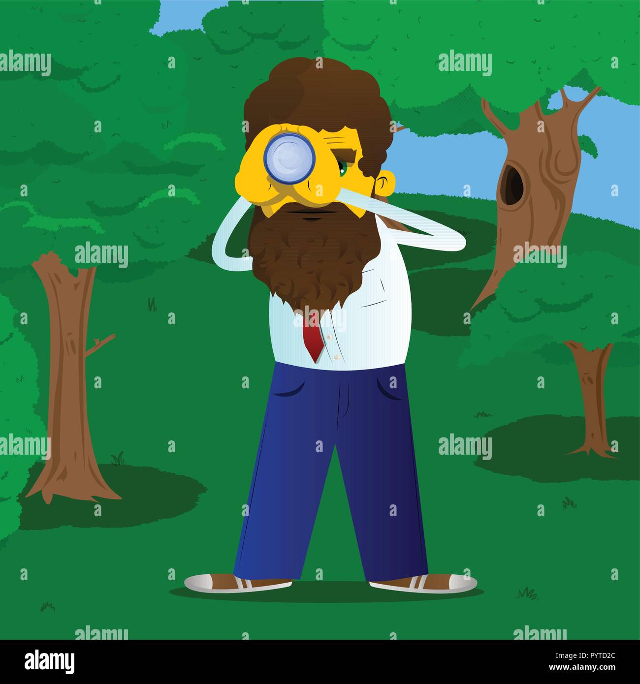 Yellow man holding binoculars in his hands. Vector cartoon illustration