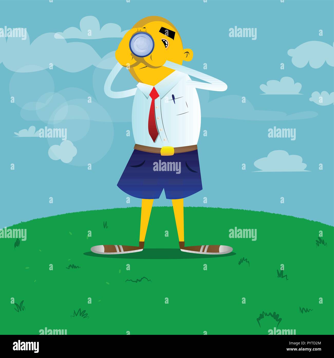 Yellow man holding binoculars in his hands. Vector cartoon illustration