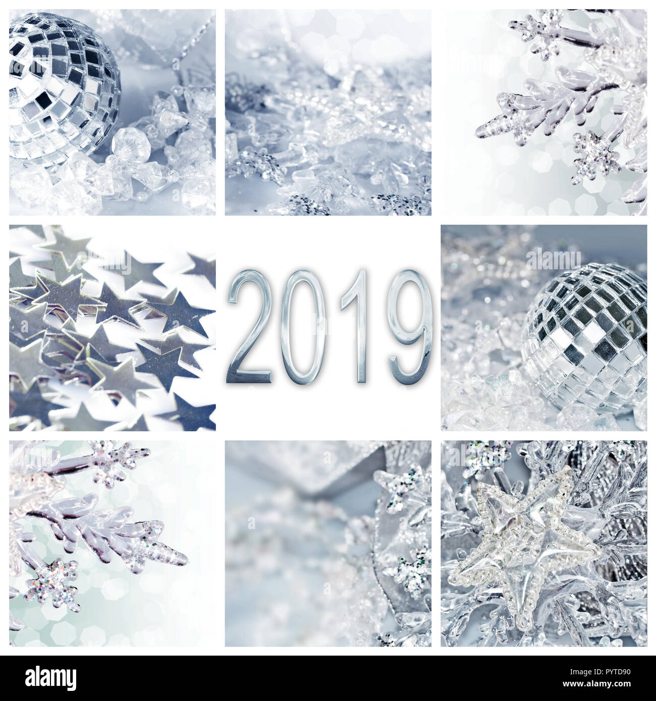 2019, silver christmas ornaments collage square greeting card Stock Photo