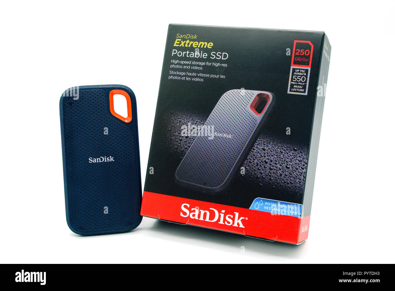Largs, Scotland, UK - October 25, 2018: Sandisk Extreme Portable SSD drive their latest rugged SSD drive and isolated on a white back ground. Stock Photo