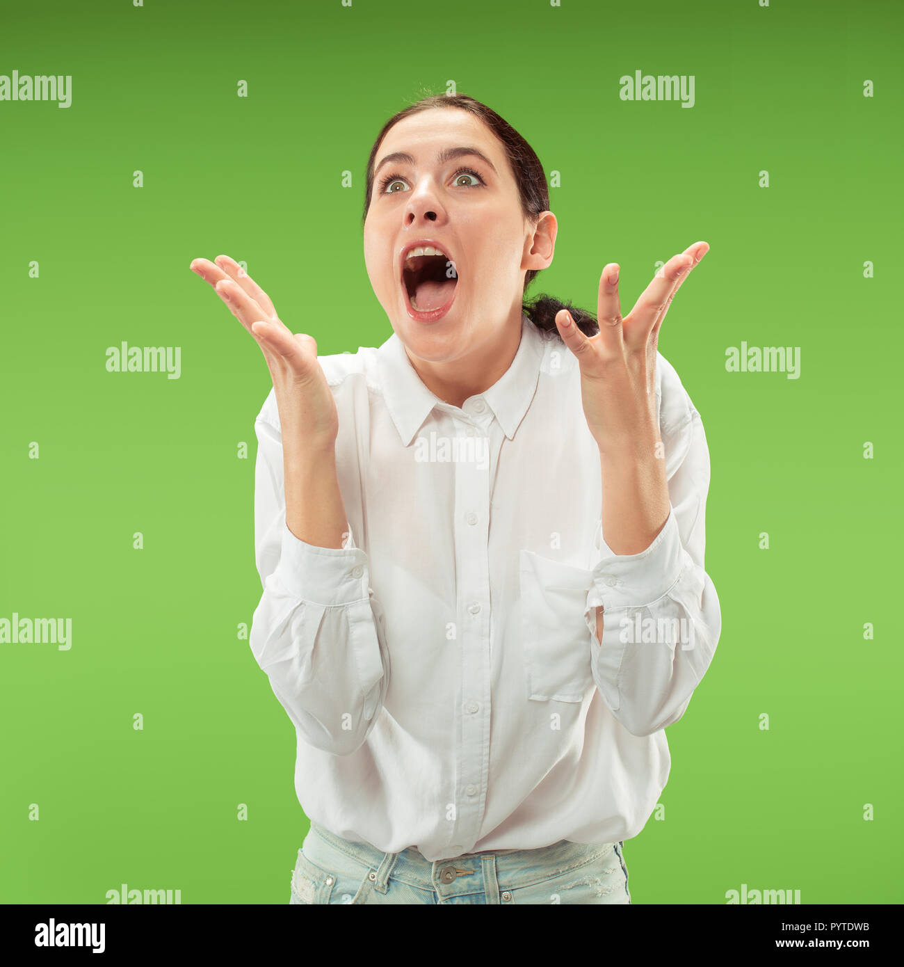 I won. Winning success happy woman celebrating being a winner. Dynamic image of caucasian female model on green studio background. Victory, delight concept. Human facial emotions concept. Trendy colors Stock Photo