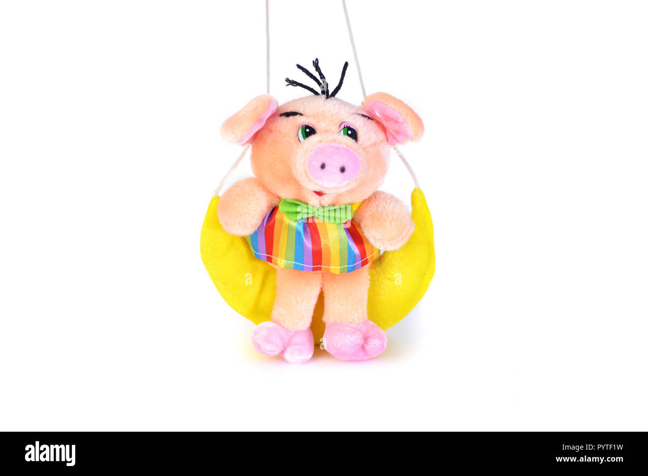 Cute pig sits on the moon. Soft children's toy. Stock Photo