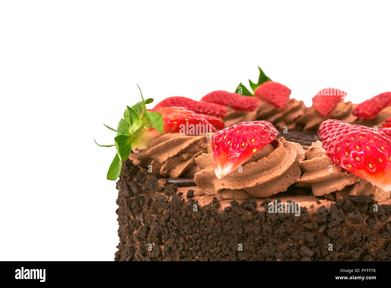 Closeup of a chocolate strawberry cake on a white background Stock ...