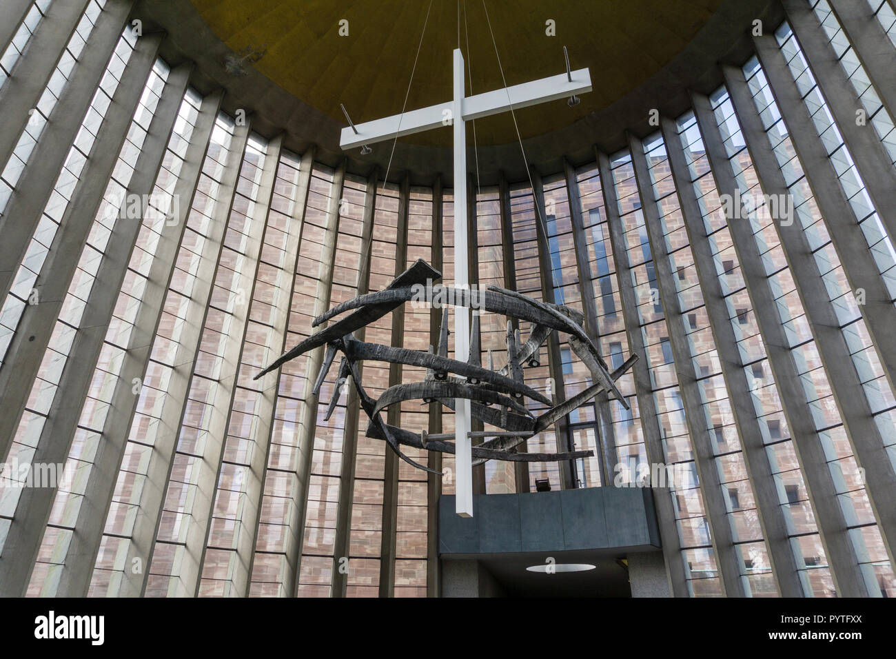 The interior of the Chapel of Christ the Servant, Coventry Cathedral, West Midlands, UK; the cross was made by local students and apprentices Stock Photo