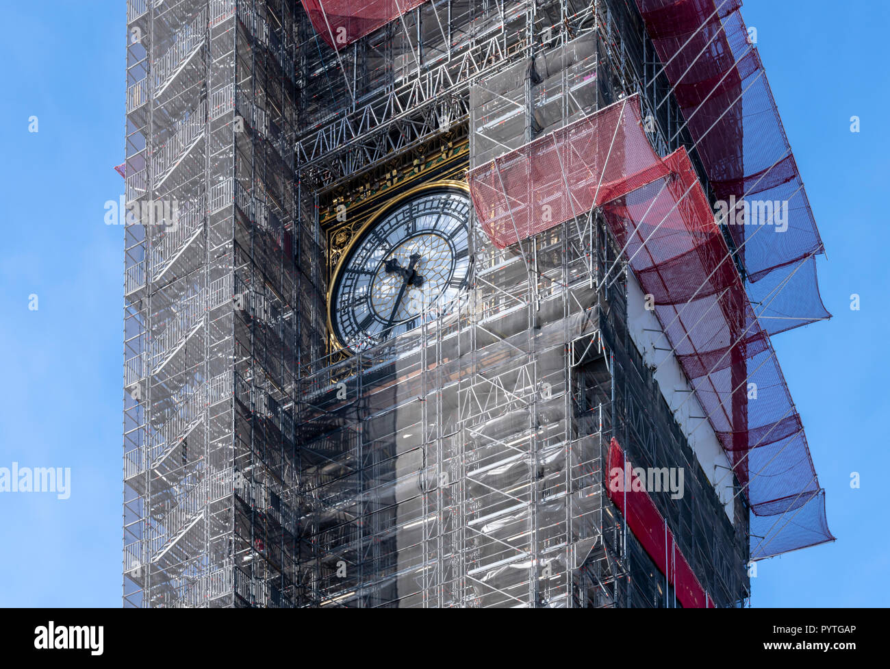 Elizabeth Tower at the Houses of Parliament. Commonly called Big Ben, which is actually the name of the bell in the clock tower. Covered in scaffolding. Stock Photo