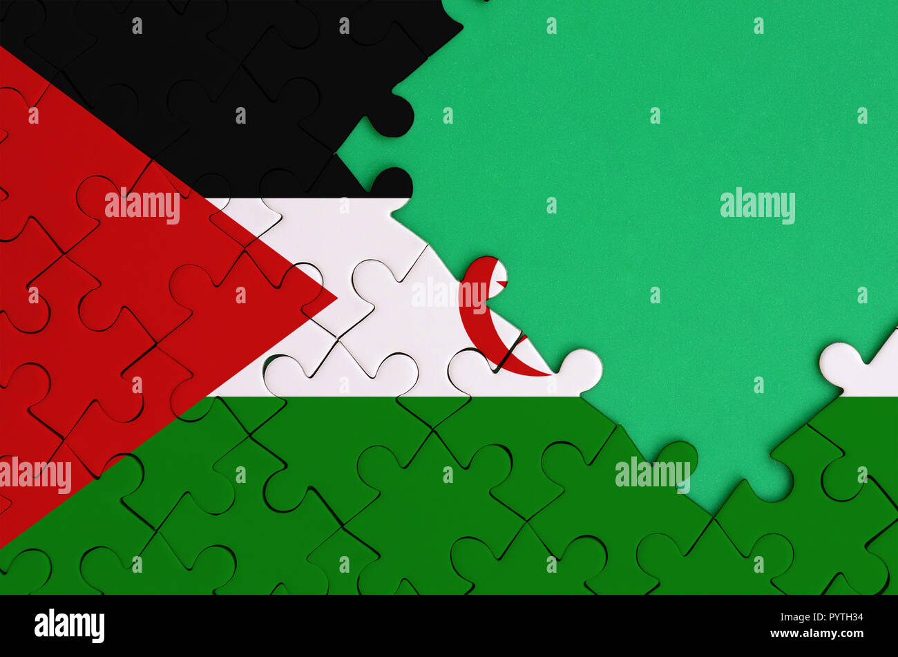 Western Sahara flag  is depicted on a completed jigsaw puzzle with free green copy space on the right side. Stock Photo