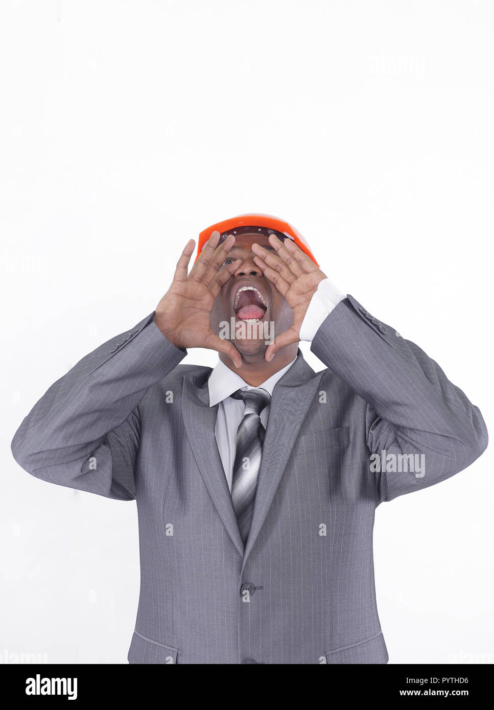 handsome engineer architect shouting.isolated on white background Stock Photo