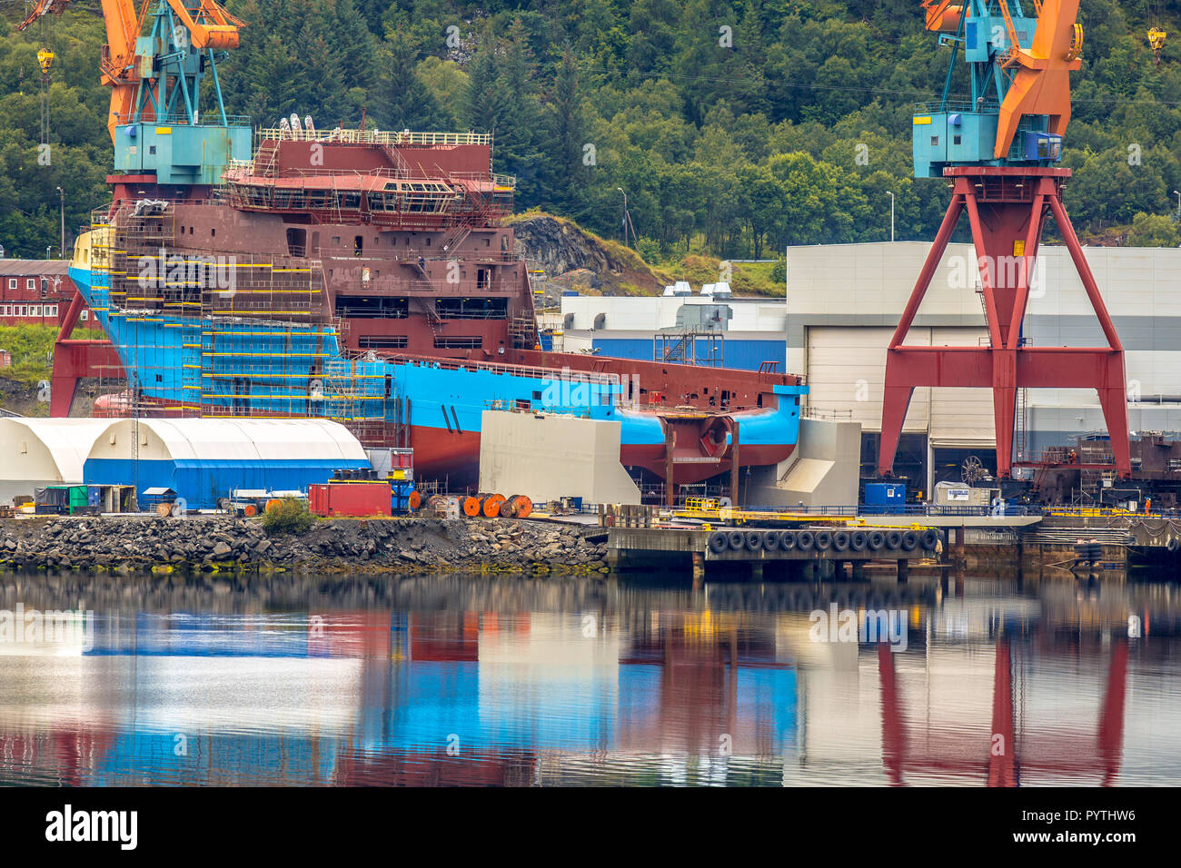 Ship building of modern Anchor handling supply vessel being built at a shipyard in Norway Stock Photo