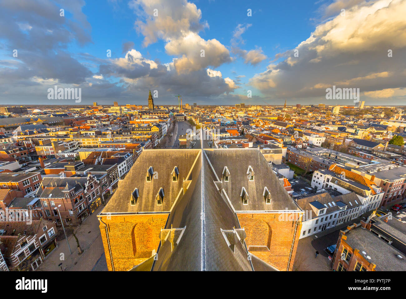 Groningen city aerial view seen from tower of the Aa church while last light of the day is falling over Vismarkt marketplace in city centre Stock Photo