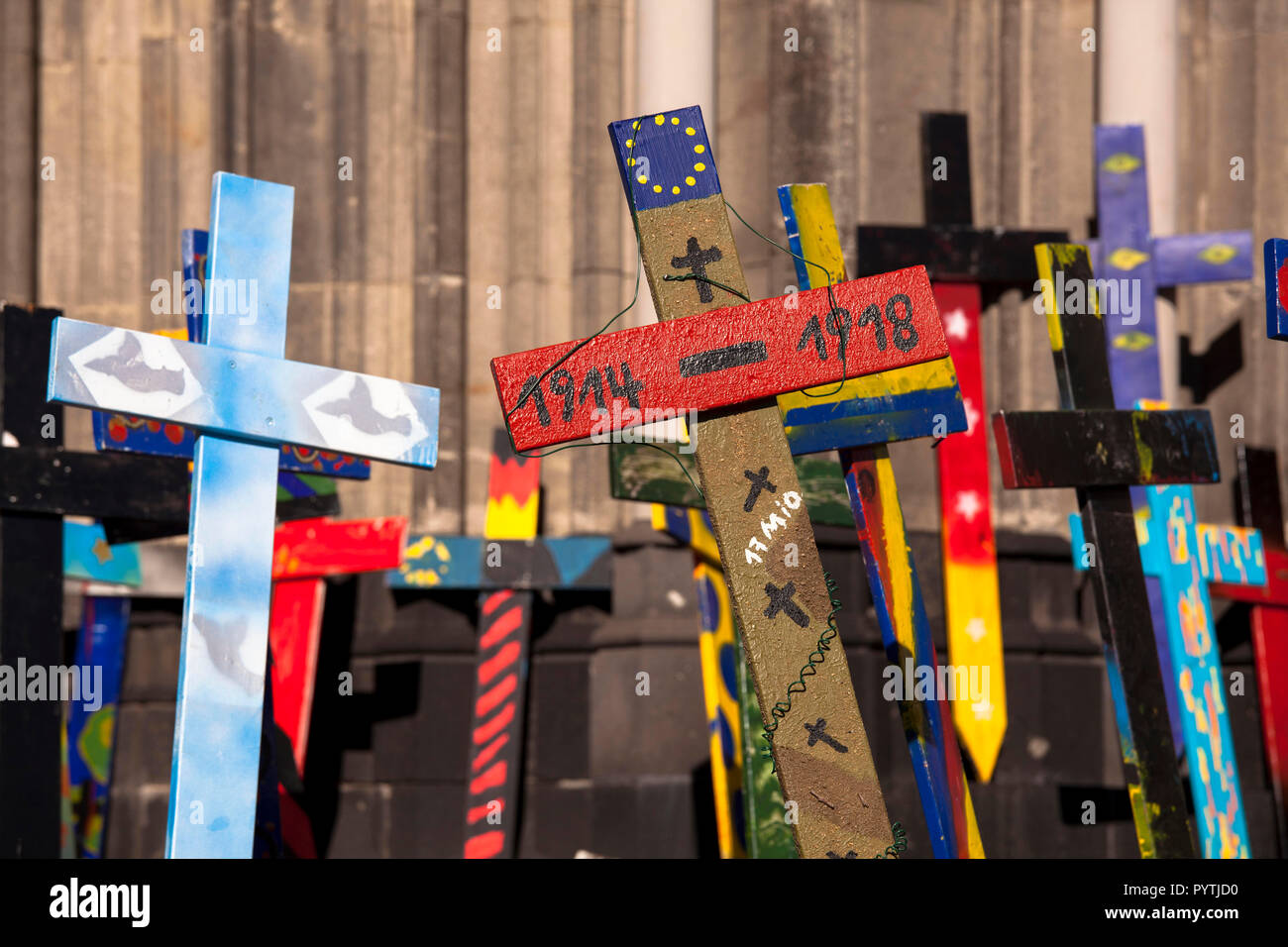 so-called Europe crosses, which students have made, standing in front of the south portal of the cathedral during the cathedral pilgrimage 2018 , Colo Stock Photo