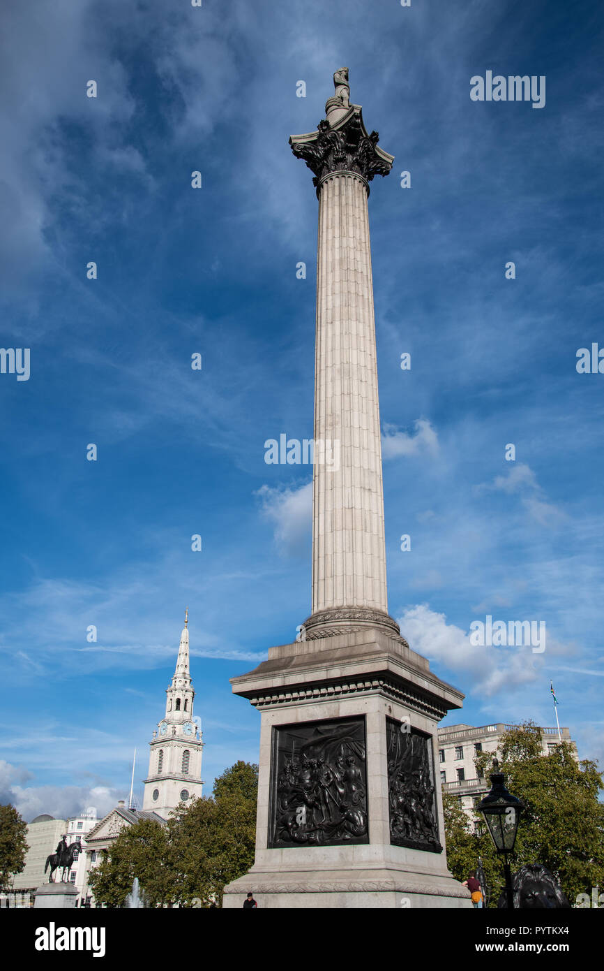 London, United Kingdom - October 18 2018:   Nelson's column, built in 1843 in Trafalgar Square to commemorate Admiral Horatio Nelson, The design was b Stock Photo
