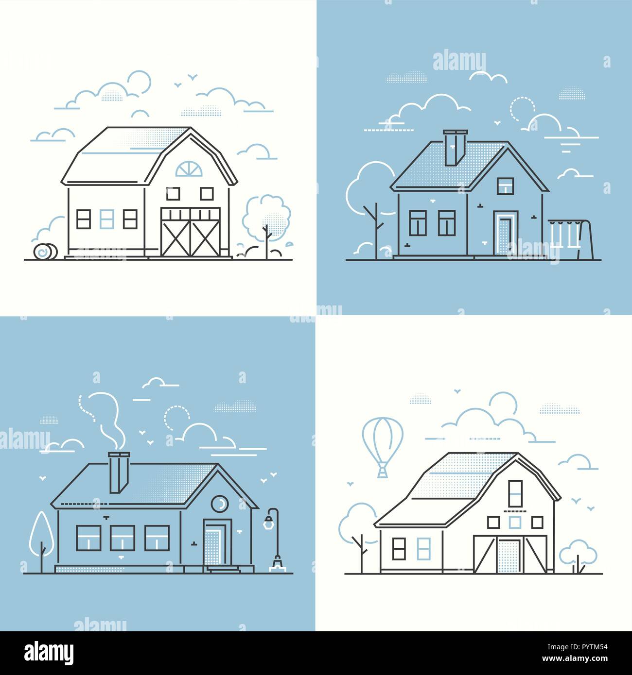 Cottage houses - set of thin line design style vector illustrations ...