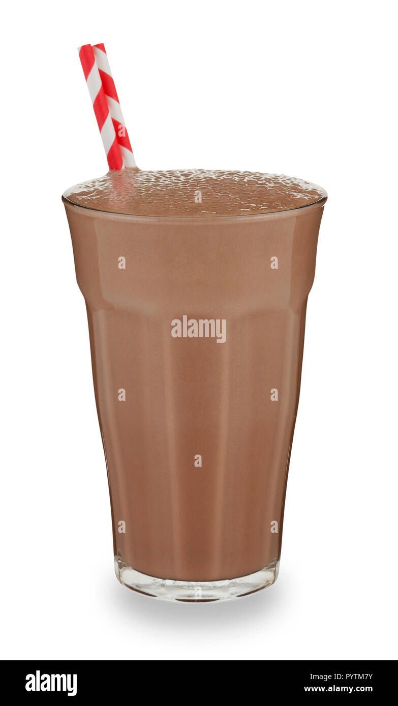 Glass cup of chocolate milk with a straw isolated on white Stock