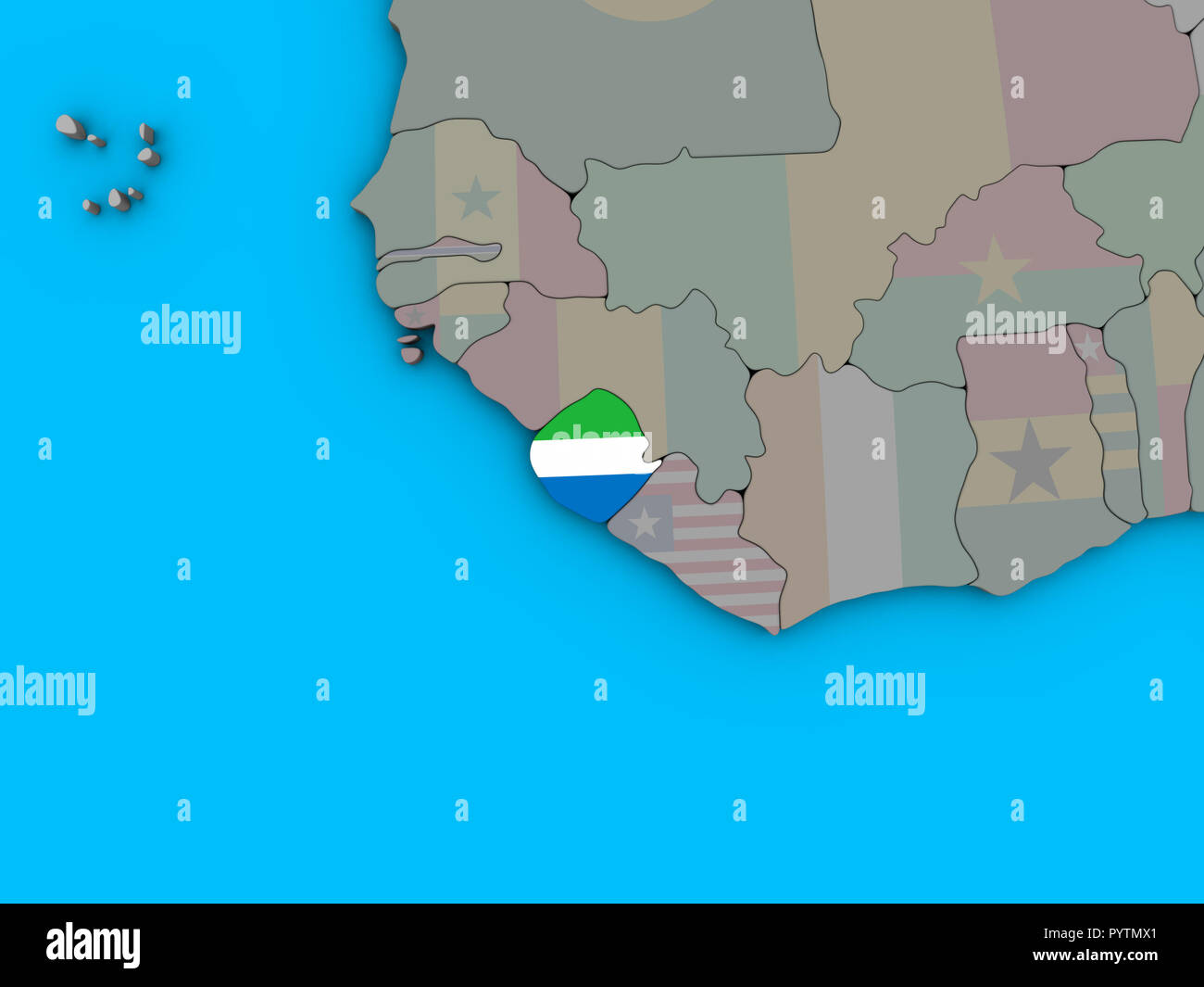 Sierra Leone with embedded national flag on blue political 3D globe. 3D ...