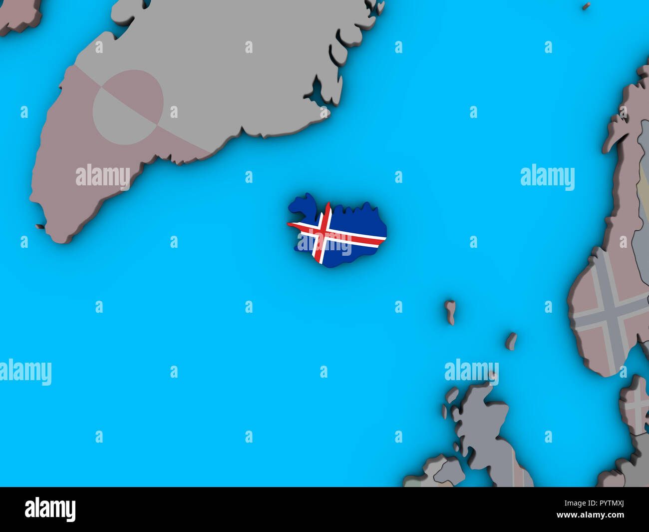 Iceland with embedded national flag on blue political 3D globe. 3D ...