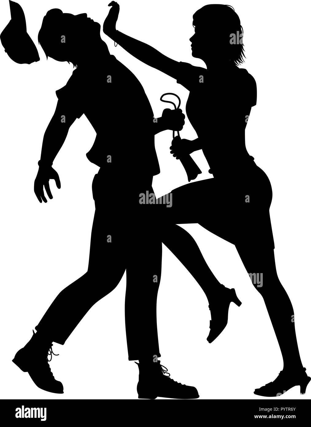 Editable vector silhouette of a woman defending herself from a man trying to snatch her bag Stock Vector