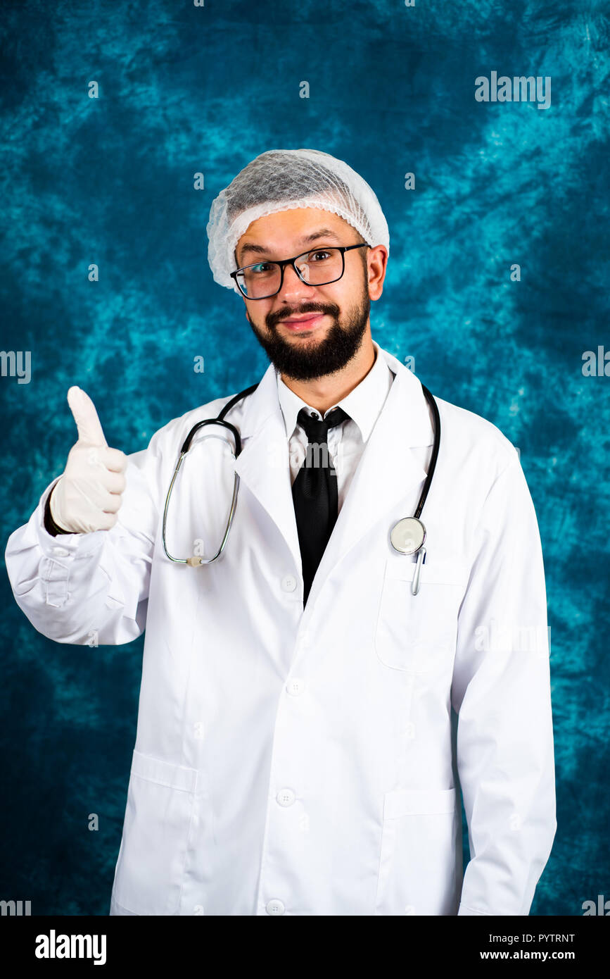 Happy caucasian doctor showing thumb hi-res stock photography and ...