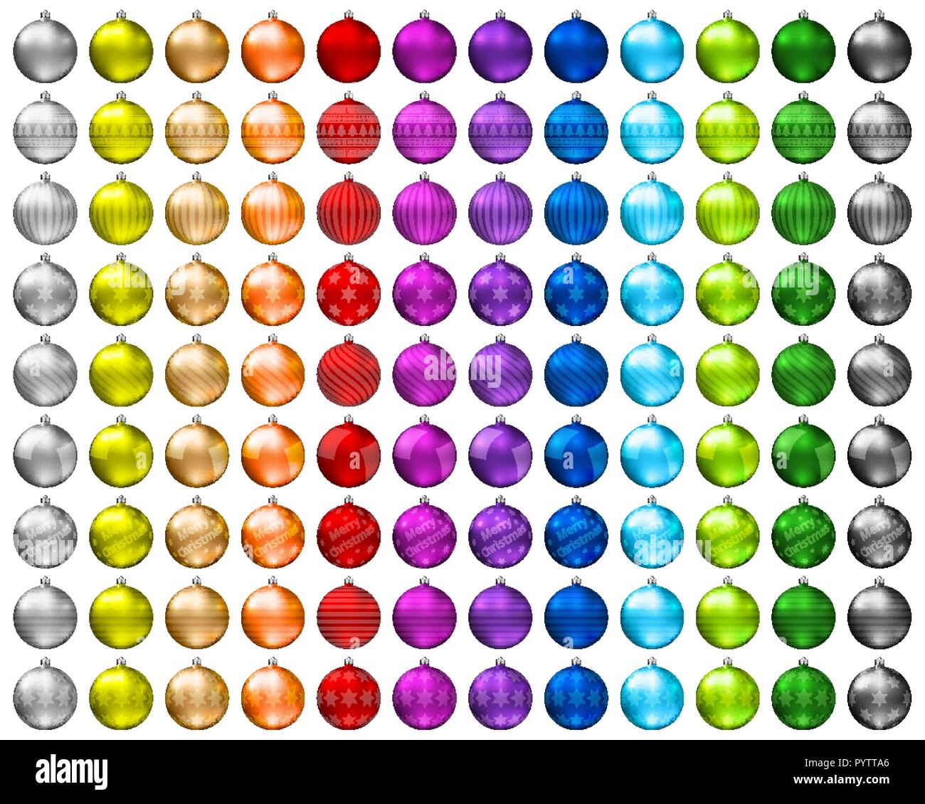Colorful christmas baubles. Color spectrum of christmas balls isolated on white background. Photorealistic high quality vector. Stock Vector